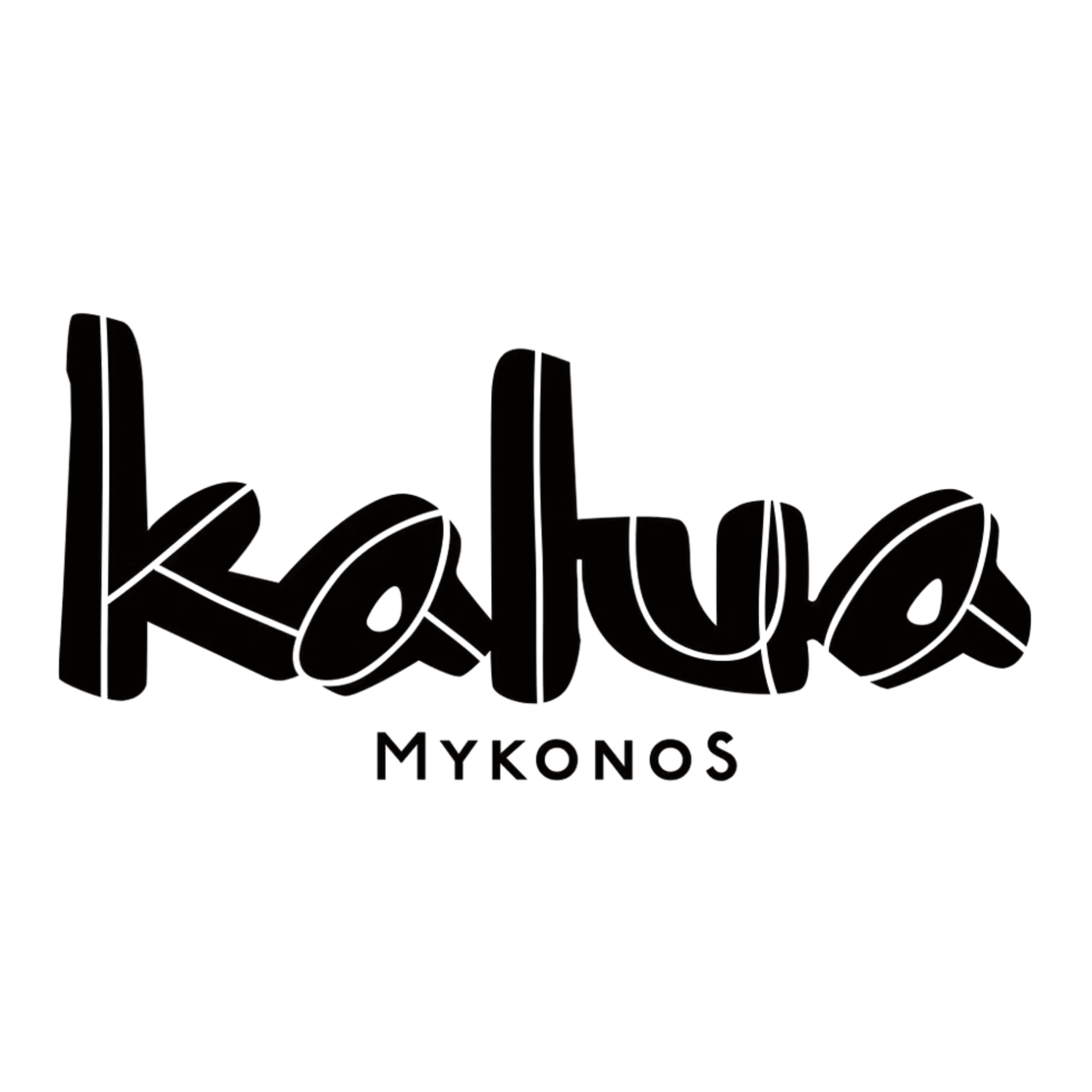 Logo con scritta 'Kalua Mykonos' in caratteri stilizzati, con un font morbido e arricciato.