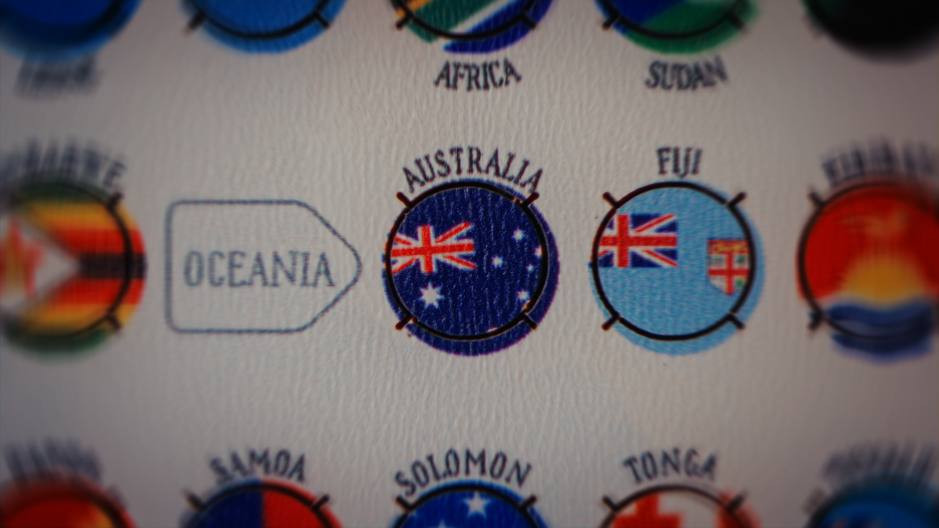 Mappamondo con alcune nazioni australiana e oceania evidenziate, tra cui Australia, Fiji, e altre isole dell'Oceania.