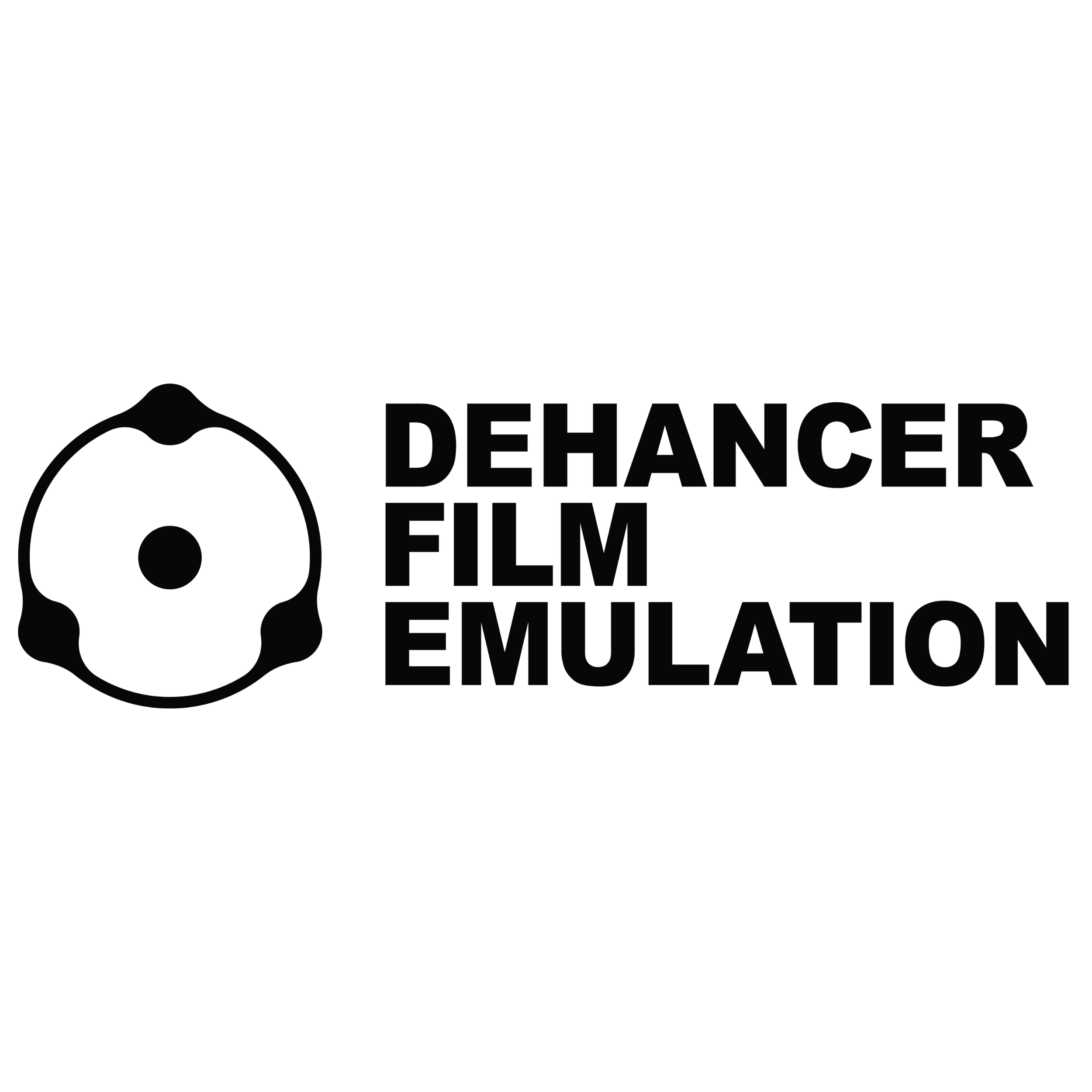 Logo di Dehancer, un'azienda specializzata in film emulation, con un'icona circolare stilizzata e il testo 'Dehancer Film Emulation'.