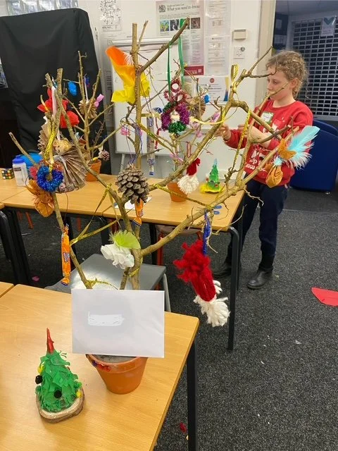 Winter branches decorated with our Christmas Crafts