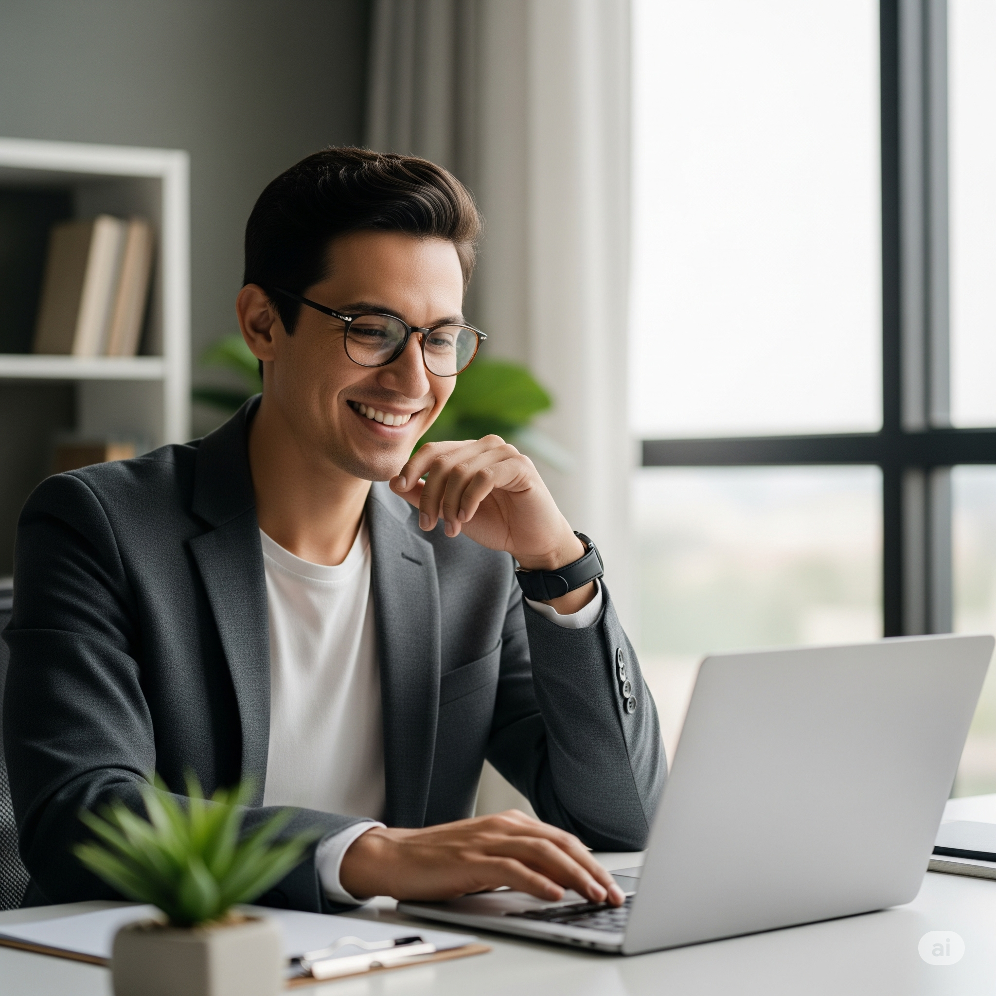 A young man in a gray blazer and glasses smiling while working on a laptop at a desk in a bright office.