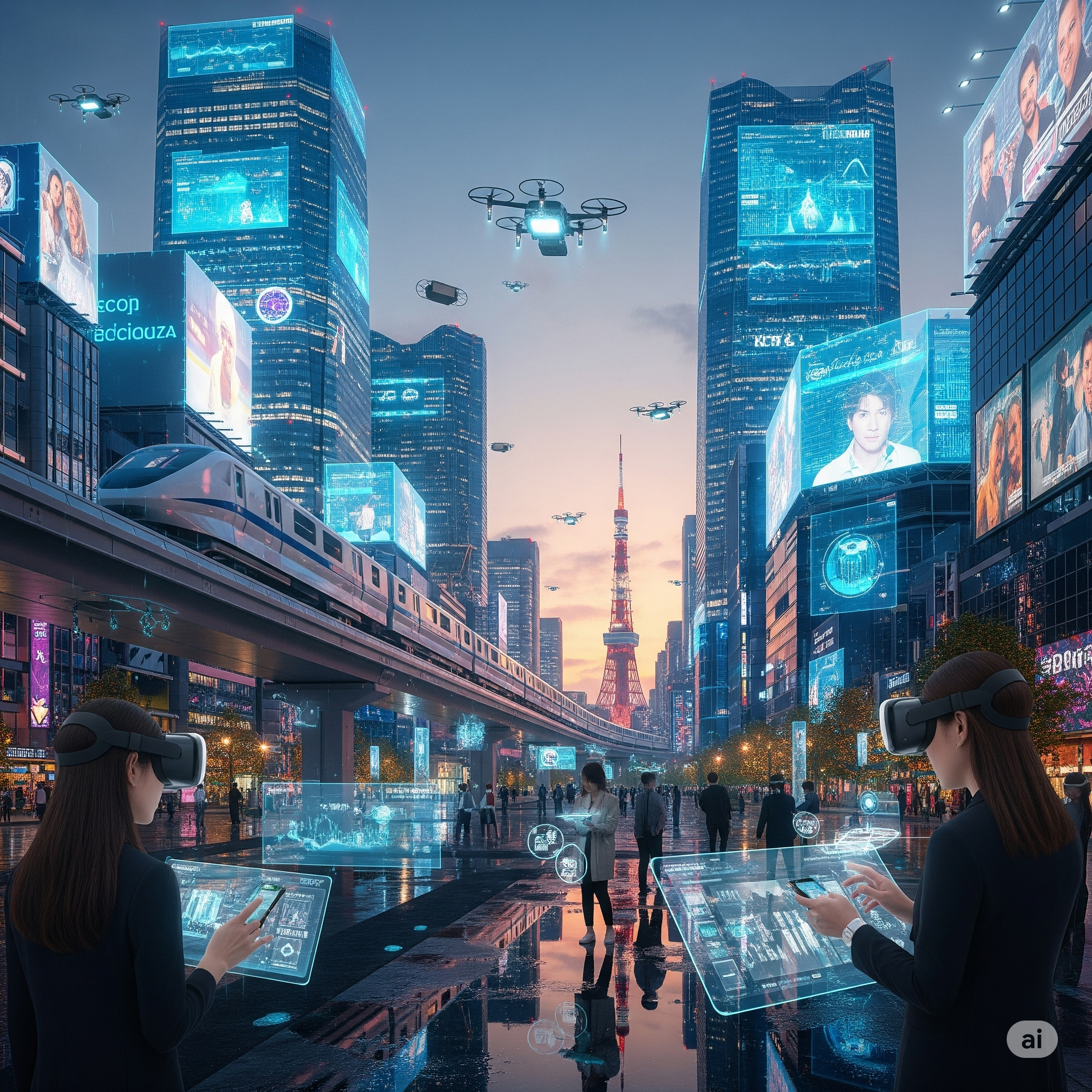 Futuristic city street scene with tall holographic digital billboards, flying drones, and advanced technology displayed on tablets and VR headsets worn by two women. The scene includes a train on an elevated track, with the Eiffel Tower in the background at sunset.