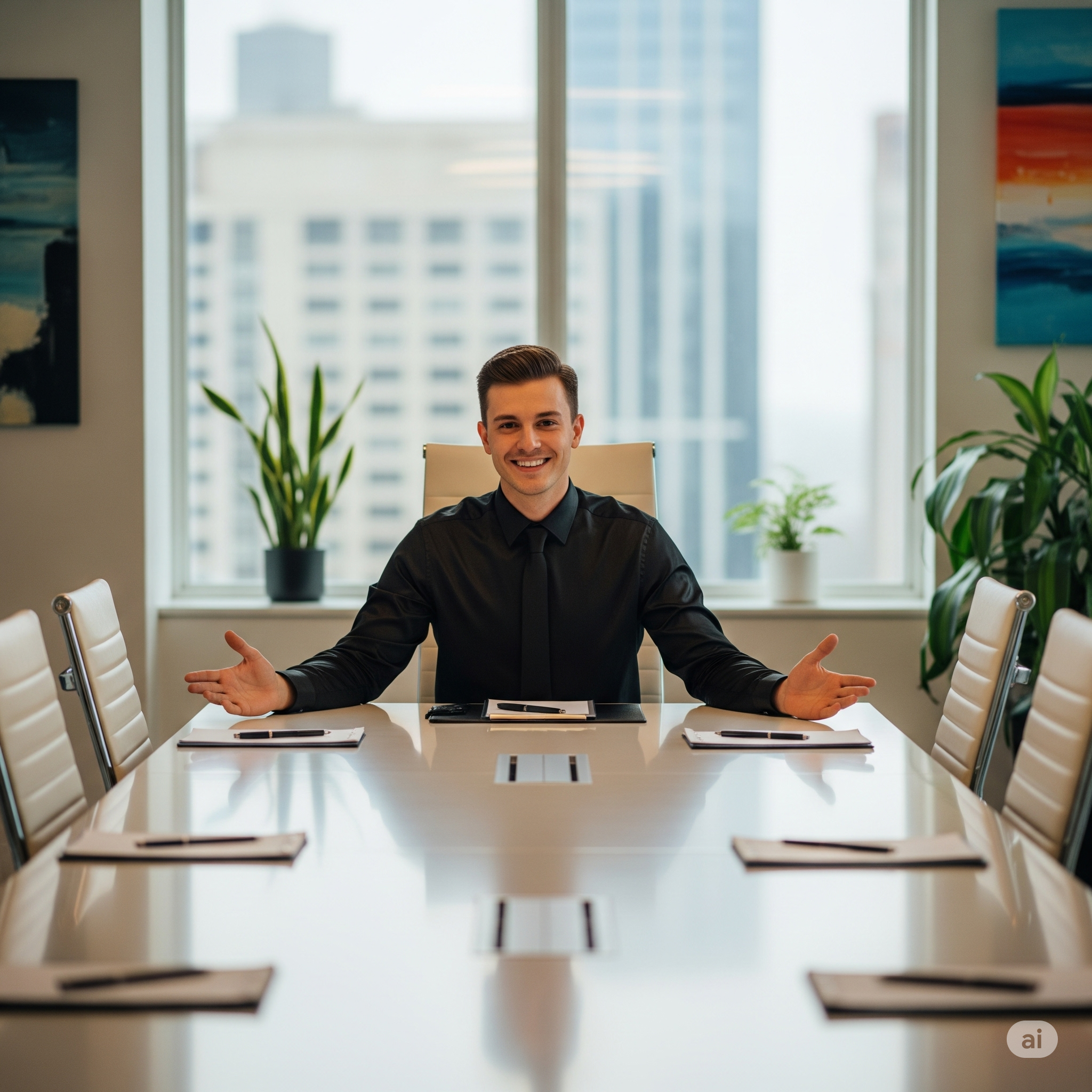 A smiling young man in a black shirt and tie sits at a conference table in a modern office, gesturing with his arms open. The office has large windows with a cityscape view, and there are potted plants and abstract paintings on the walls.