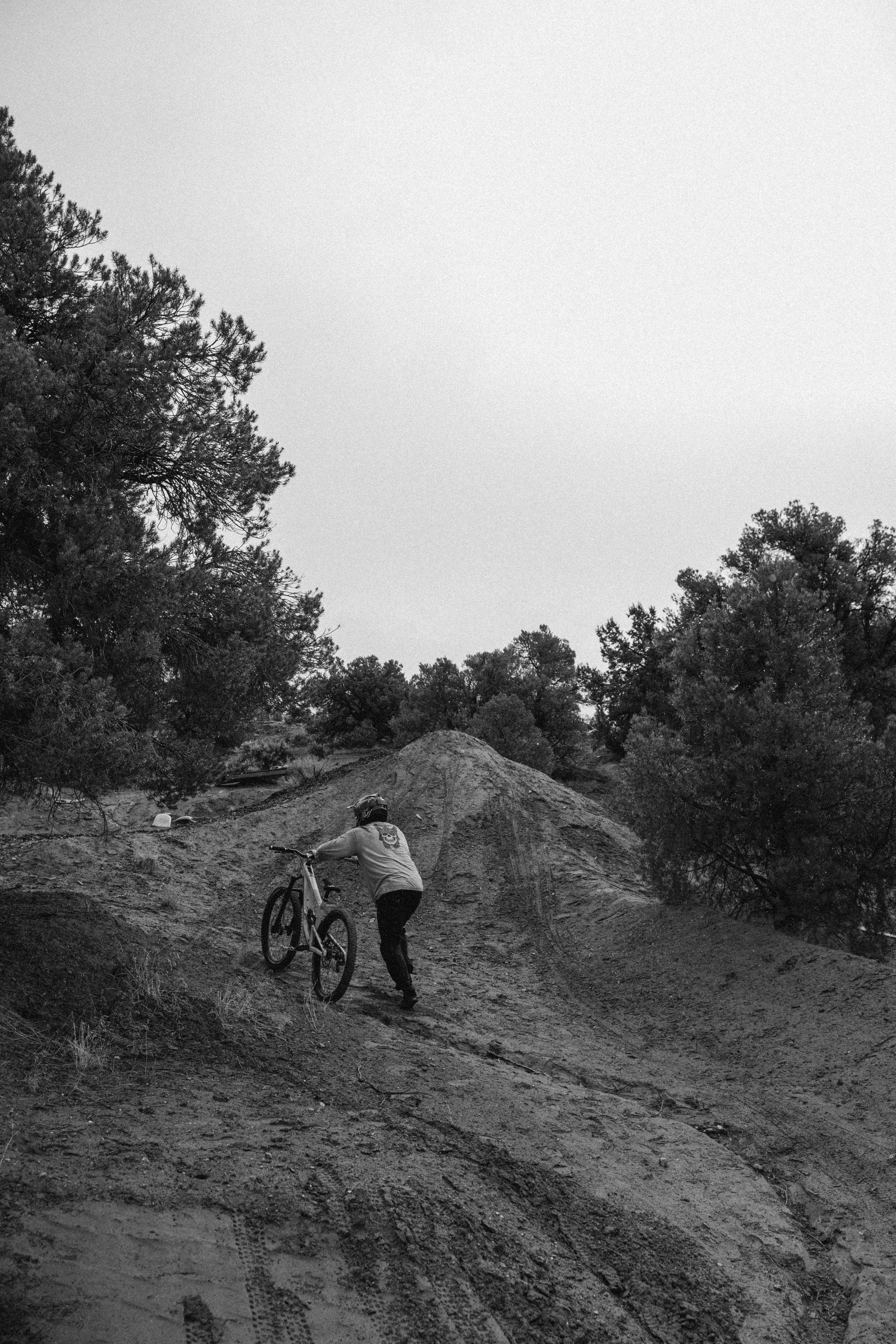 Person pushing a mountain bike up a dirt trail in a wooded area during daytime.