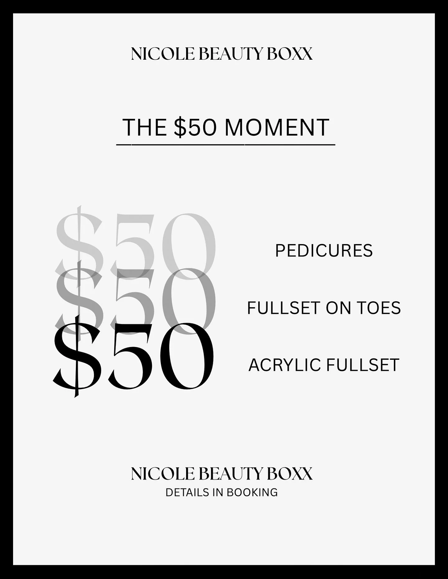 ✨ The $50 Moment is here! ✨
Treat yourself to flawless nails and feet without breaking the bank. Now through the end of the year, enjoy:
💅 Pedicures
👣 Full Set on Toes
✨ Acrylic Full Set
All just $50 each 🖤
Luxury, quality, and care — at