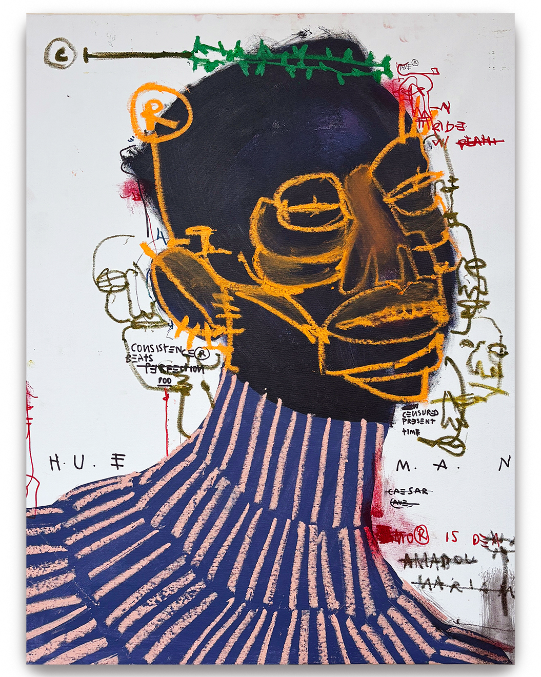 Mixed media artwork depicting a person with dark skin and glasses, wearing a striped shirt. The portrait features colorful sketches, notes, and annotations surrounding the figure's head, creating an abstract, layered style.