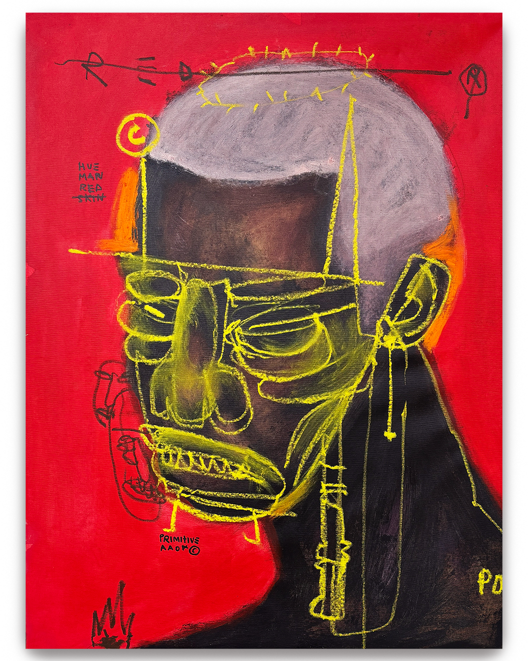 Abstract portrait of a person wearing glasses with a red and black background, featuring yellow line art and various markings.