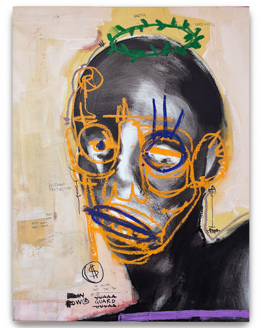 An abstract artwork of a human face with dark shading, outlined with orange and blue lines, featuring a green halo with the words 'FAITH' and 'FEARFULLY'. There are various handwritten notes and symbols, including a dollar sign, and a mix of expressi