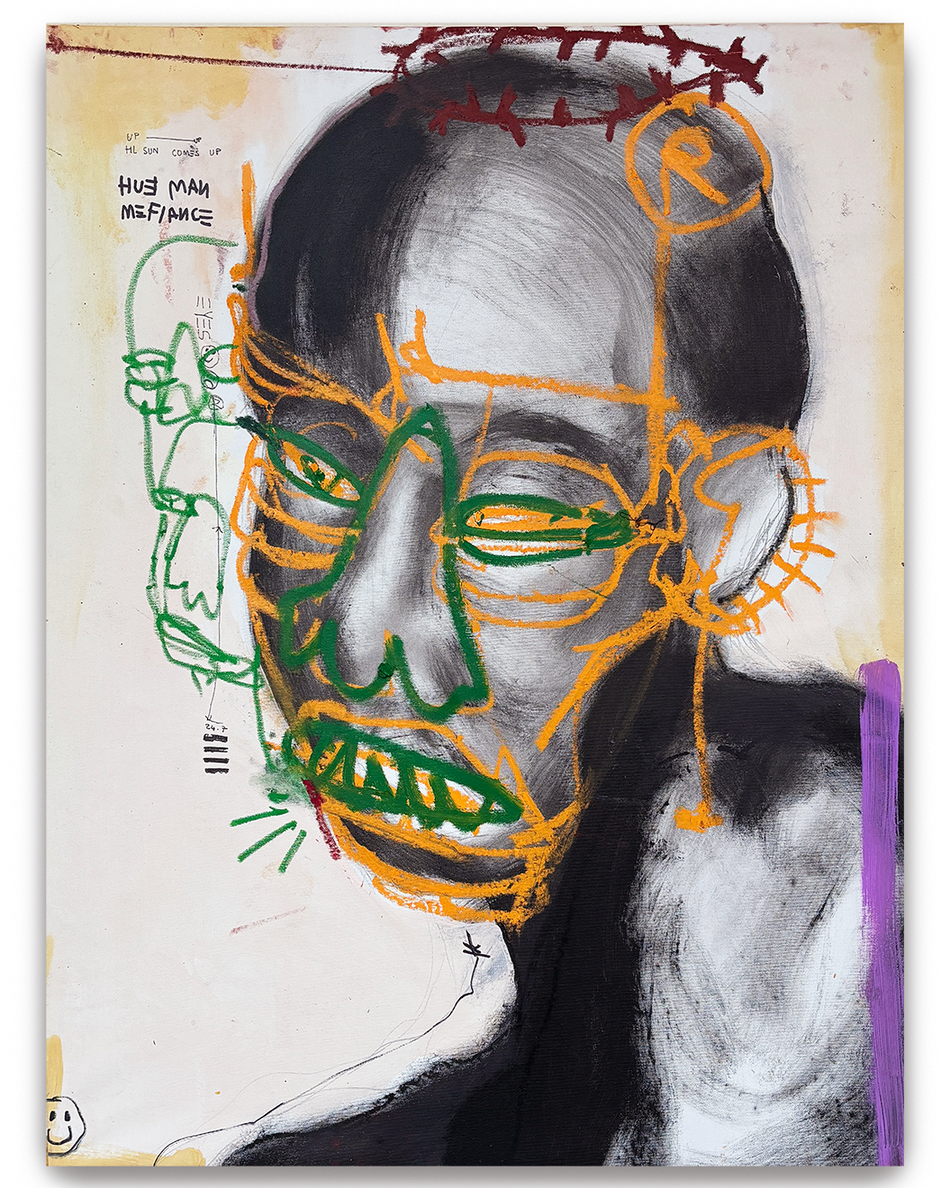 An abstract portrait of a person with glasses, painted in black and white, overlaid with vibrant, colorful sketch lines in orange, green, and purple, with graffiti and text elements around the face.