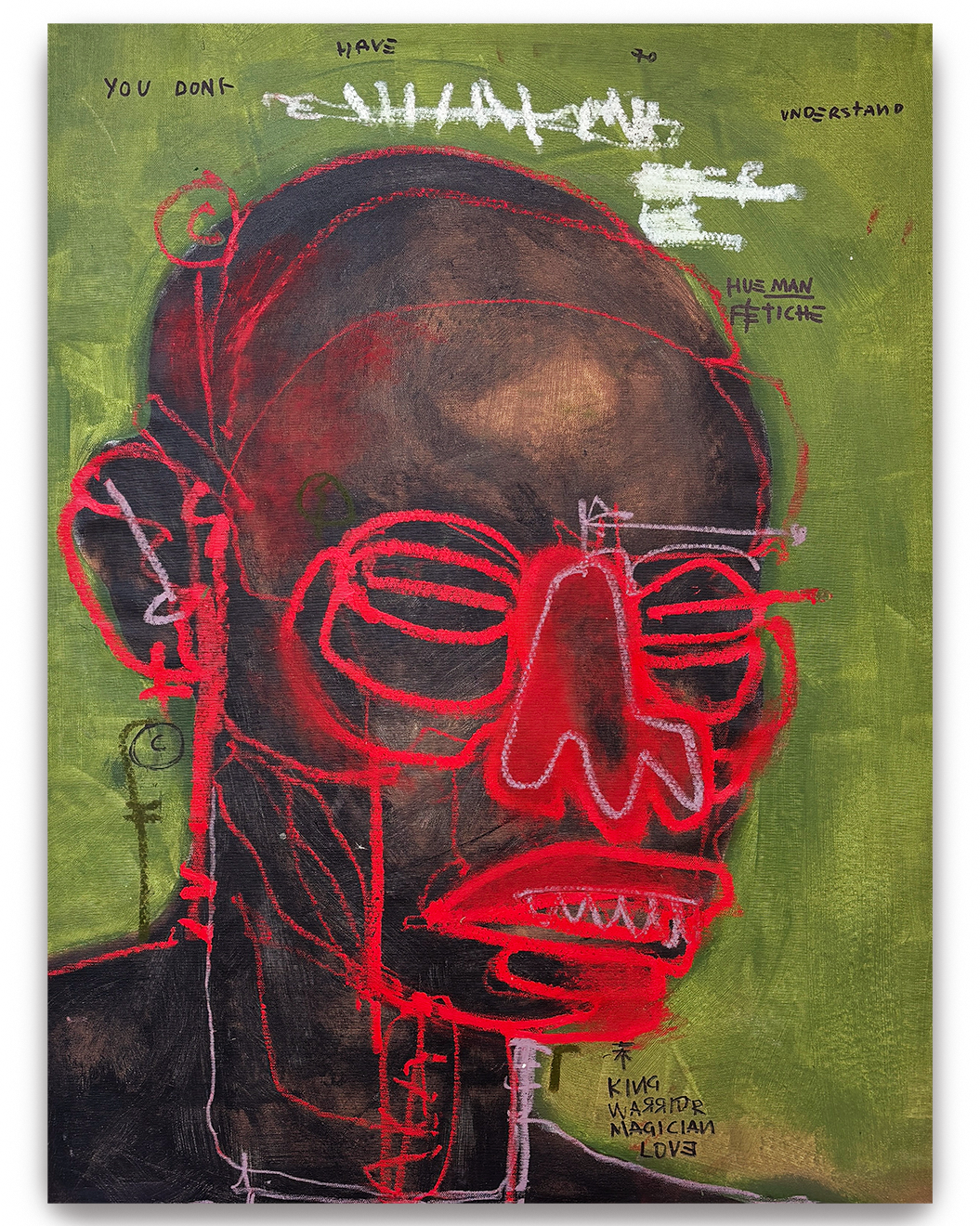 An abstract portrait of a person with dark skin, overlaid with red neon-like outlines of facial features, including sunglasses, nose, mouth with teeth, and earrings, on a green textured background with handwritten text surrounding the face.