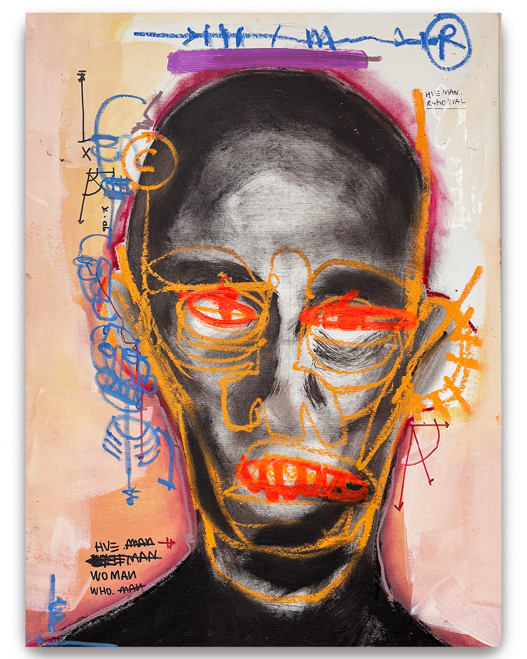 An abstract mixed media portrait of a person's face in black and white, with orange, red, blue, and purple markings, scribbles, and notes layered over it.