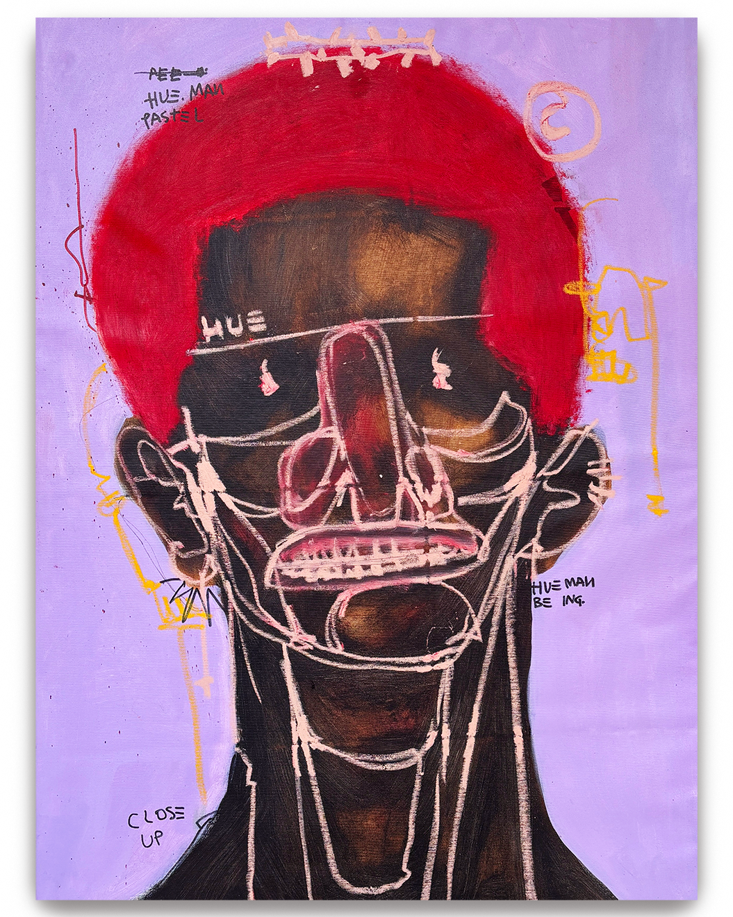 An expressive street art-style painting of a person's face with red hair and dark skin tone, outlined in white and pink chalk-like strokes. The background is light purple, with handwritten annotations and symbols around the face, including words like
