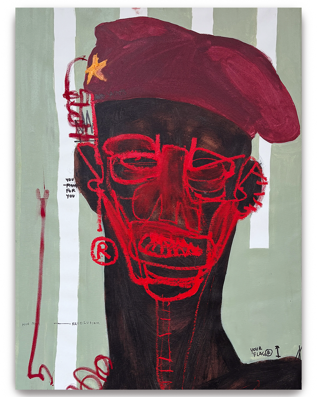 A stylized portrait of a person with dark skin, wearing a red beret with a yellow star, depicted with red outlines over a dark face. The background has green and white vertical stripes. There are handwritten notes and symbols, including a small speec