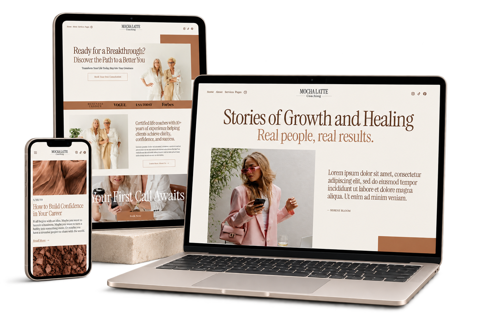 Mocha Latte Squarespace template shown across desktop, tablet and mobile screens