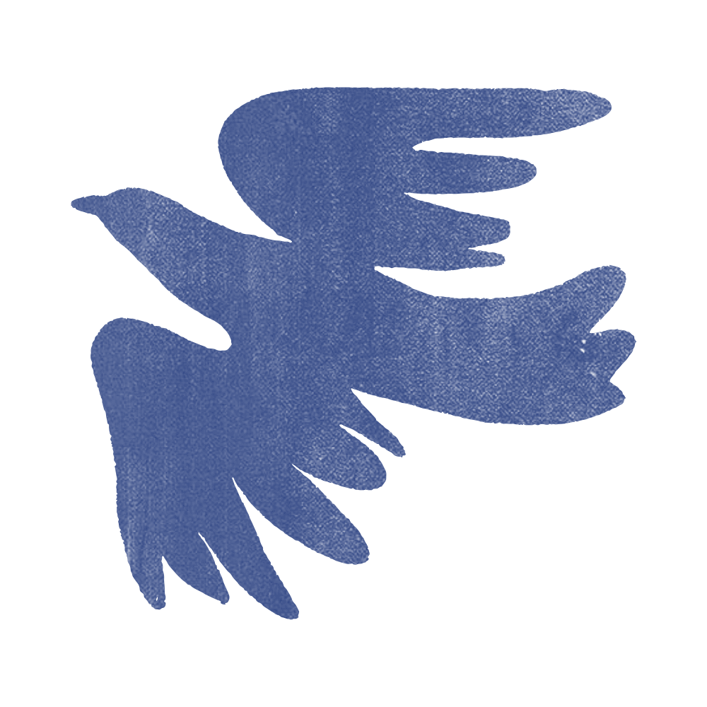 Abstract blue shape resembling a stylized eagle or bird in flight, with wings spread.