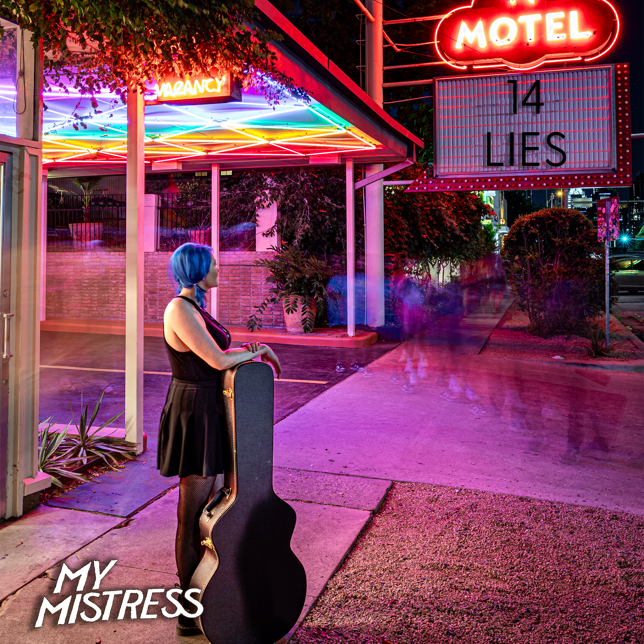 A person with blue hair sitting outside a neon-lit establishment with a neon sign that reads 'MOTEL' and a sign that says 'MARCY' at night. 14 Lies album cover  Chace Levi Lacey Kay Levi Geoff Garcia My Mistress