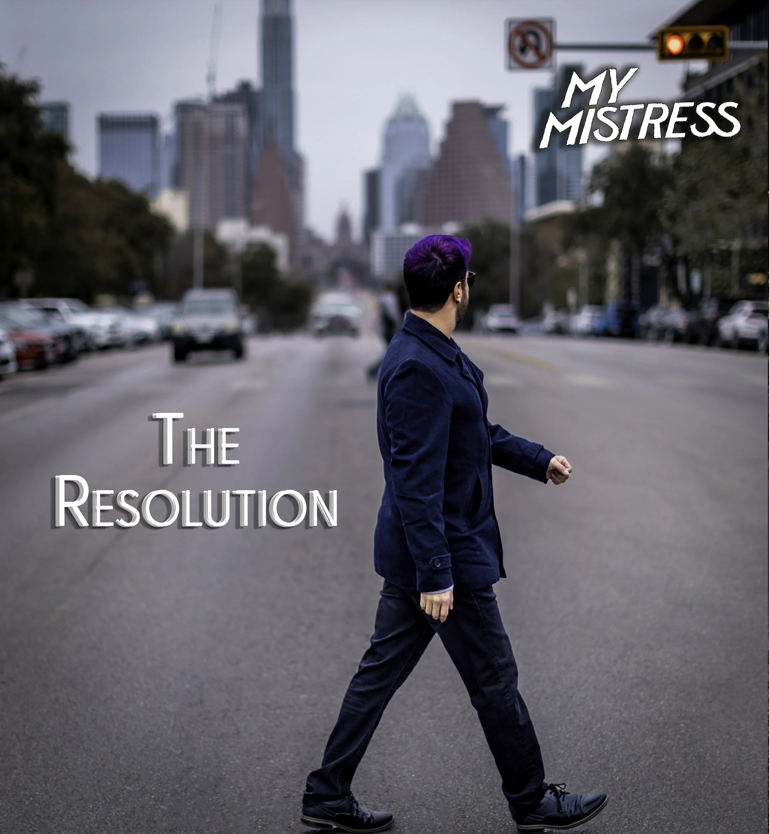 A person crossing a city street with tall buildings in the background, holding their arm out for a pedestrian signal.. The Resolution album Cover My Mistress Chace Levi Lacey Kay Levi Geoff Garcia