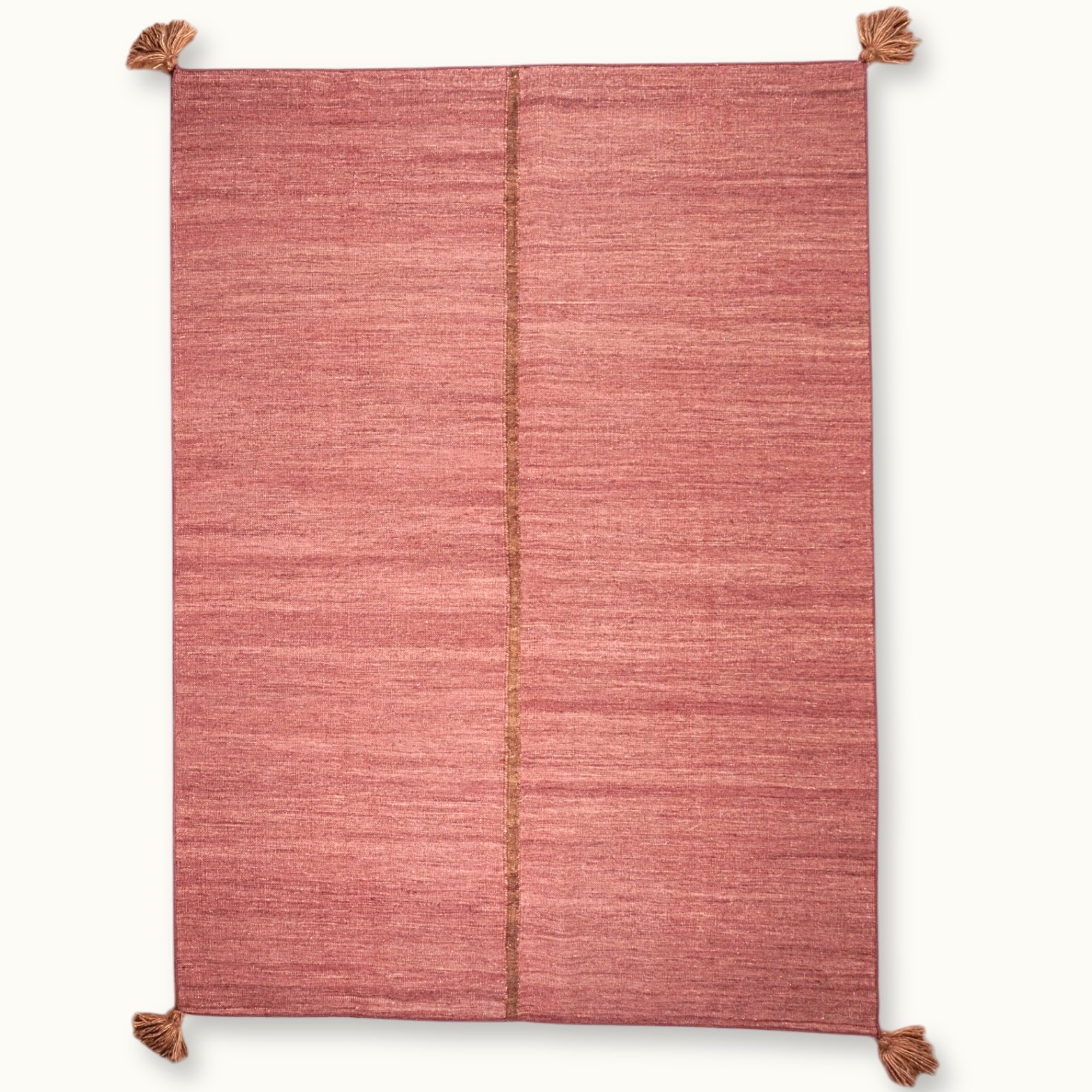 Lakir Mitti handwoven wool rug with soft rose tones and a single brown vertical line, minimal flatweave design