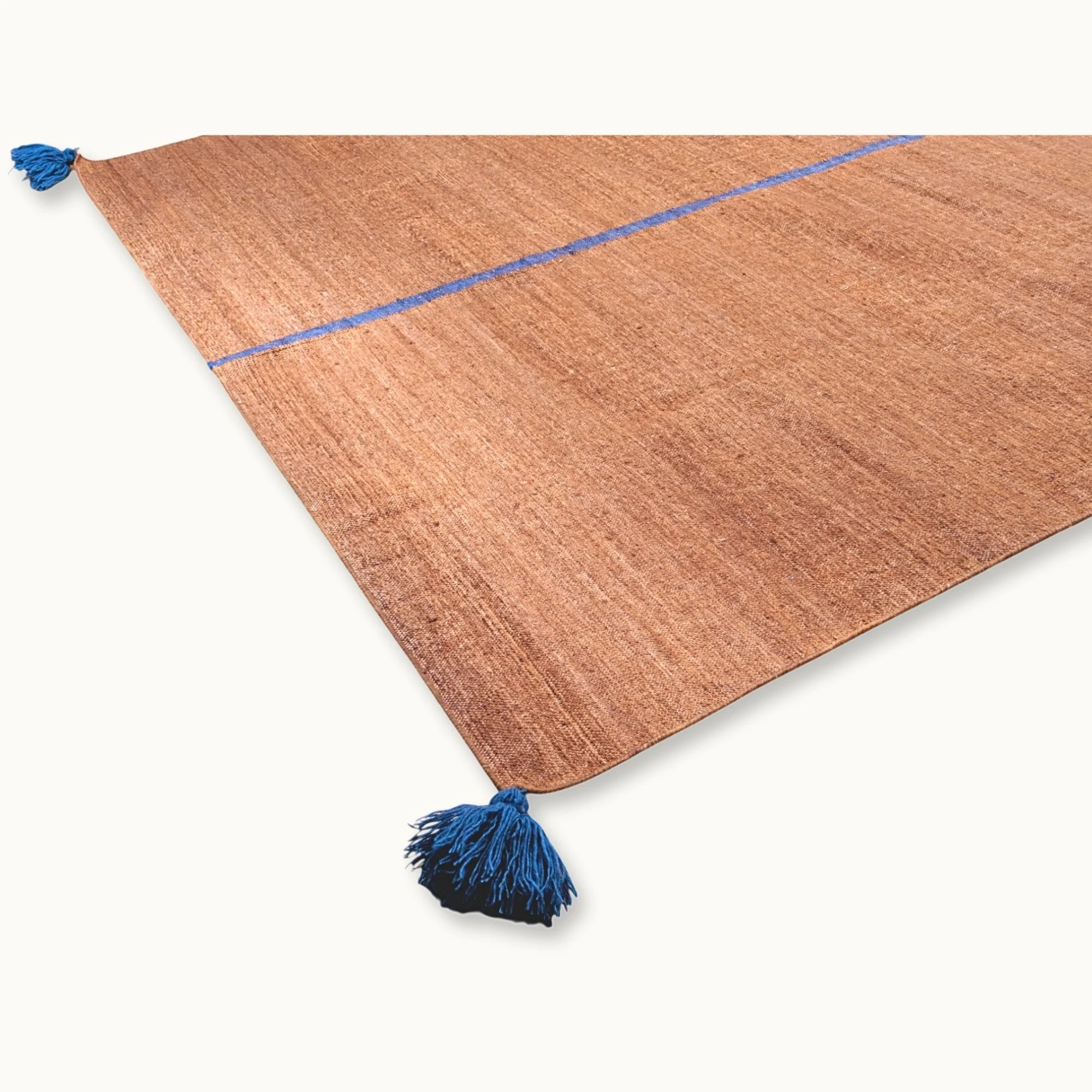 Lakir Neel handwoven wool rug with brown tones and a single blue vertical line, minimal flatweave design