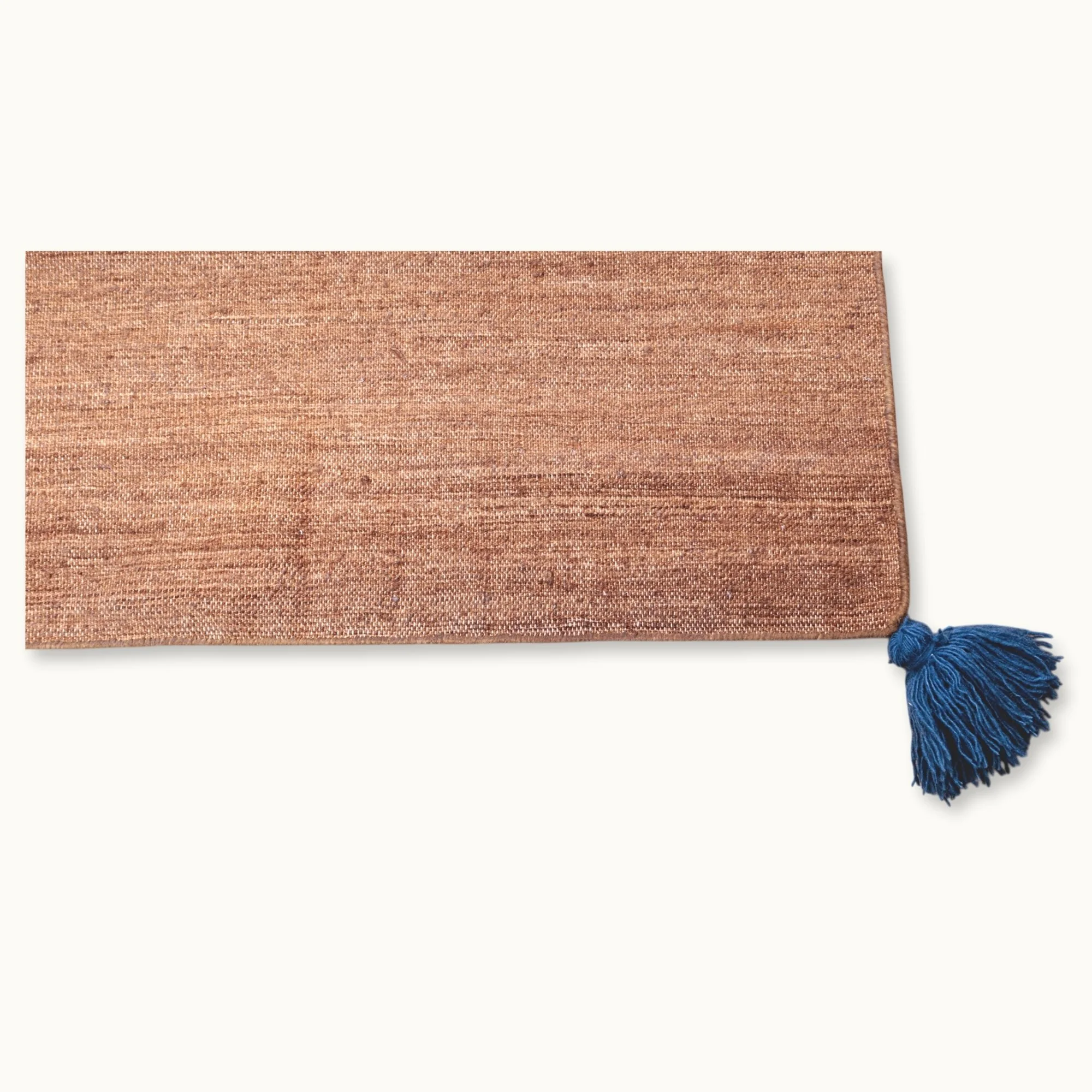 Lakir Neel handwoven wool rug with brown tones and a single blue vertical line, minimal flatweave design