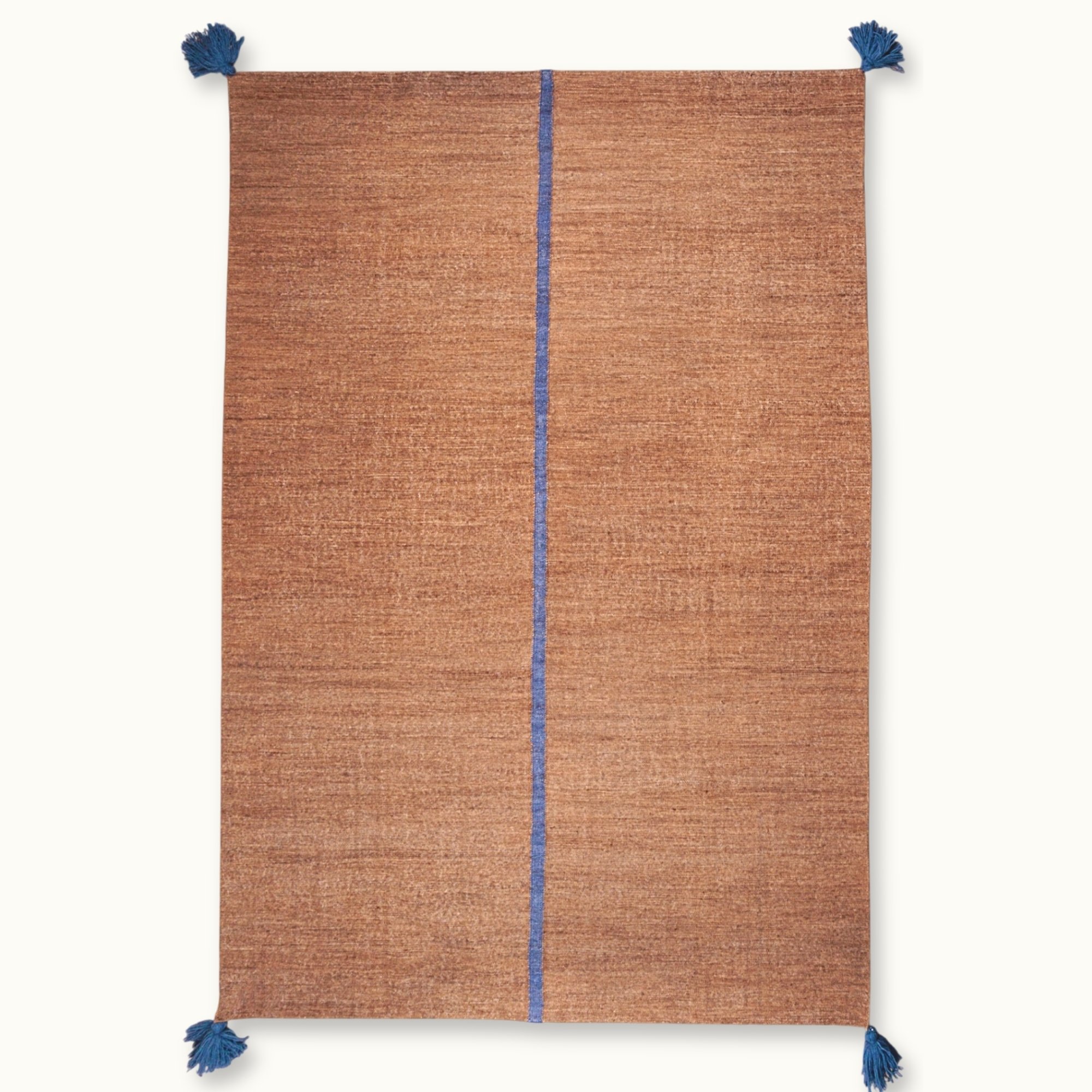 Lakir Neel handwoven wool rug with brown tones and a single blue vertical line, minimal flatweave design