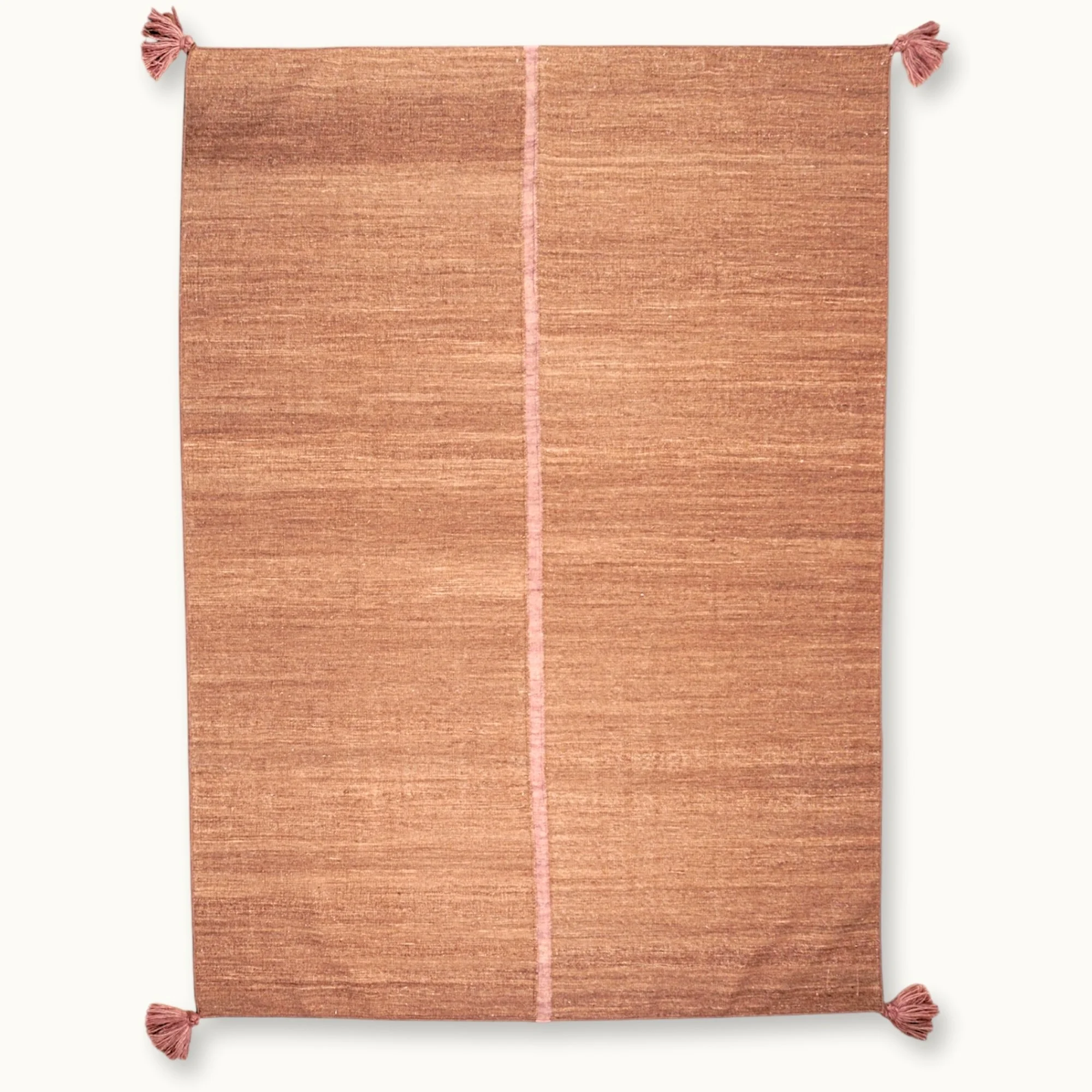 Lakir Gulab handwoven wool rug with earthy tones and a single pink vertical line, minimal flatweave design