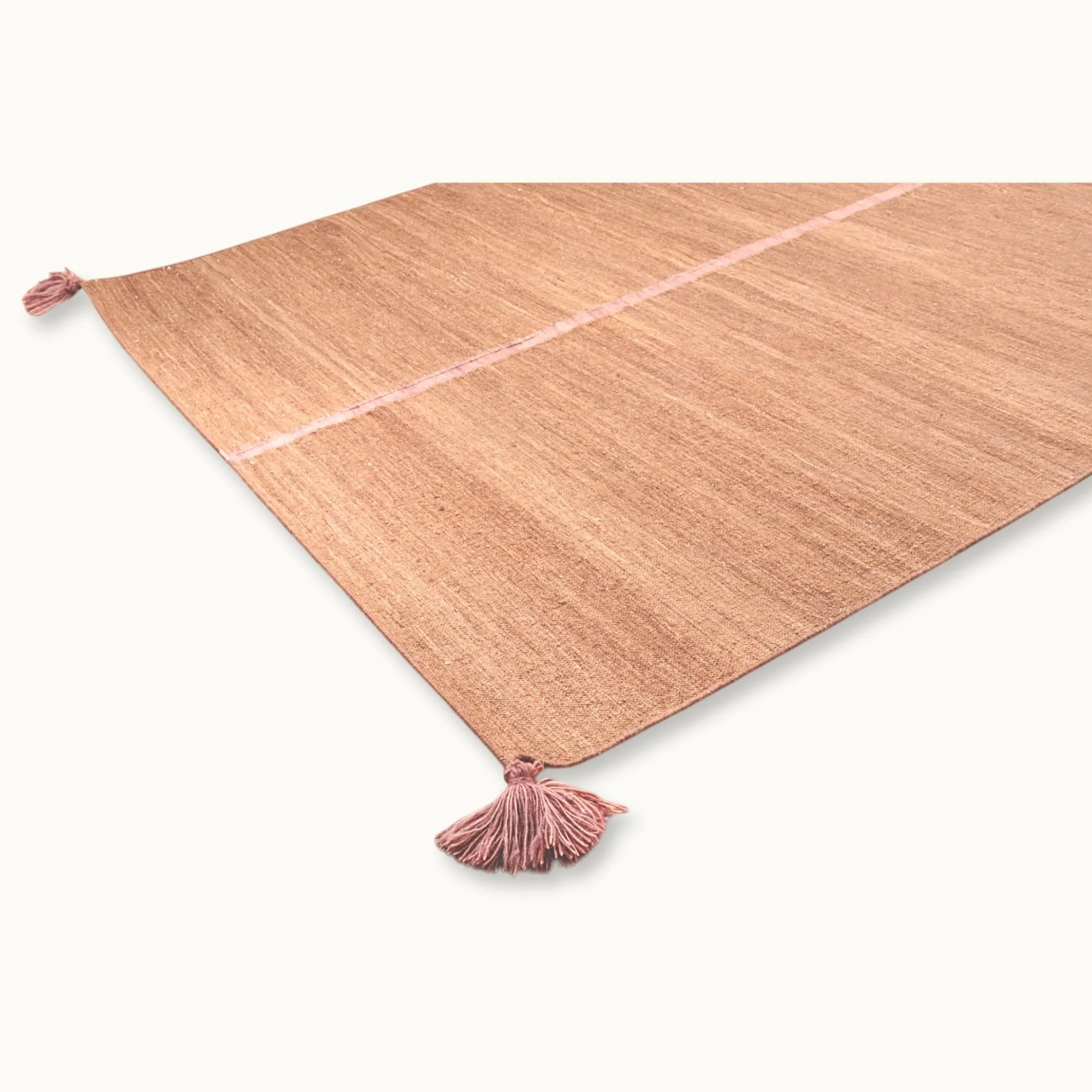 Lakir Gulab handwoven wool rug with earthy tones and a single pink vertical line, minimal flatweave design