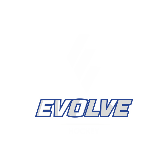 Logo with the word 'EVOLVE' in bold blue letters, with a hockey stick graphic above and the word 'HOCKEY' beneath it.