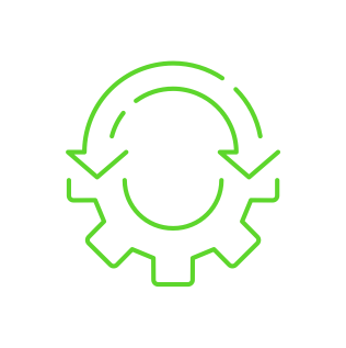 Green gear with circular arrows around it, representing recycling or process optimization.
