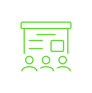 Outline of a presentation board with three people facing it, drawn in green.