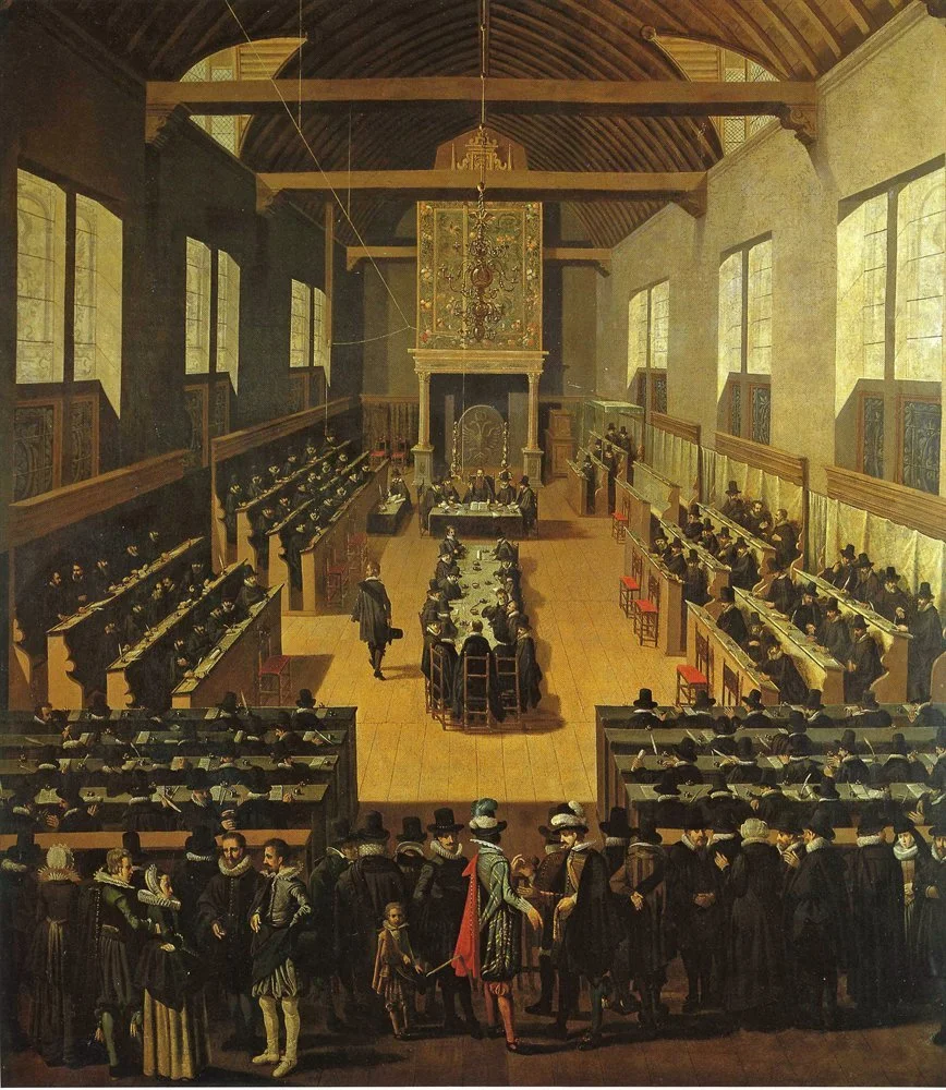 A historical painting of a courtroom scene in a large hall with high wooden ceilings and multiple large windows. Several judges and officials are seated at the front, with lawyers and witnesses in the middle, and spectators seated on benches and standing in the foreground. Some individuals are dressed in 17th-century attire.