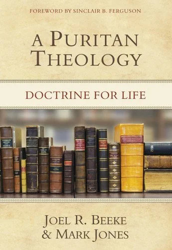 Cover of a book titled "A Puritan Theology: Doctrine for Life" by Joel R. Beeke and Mark Jones, featuring a row of old books on a shelf.