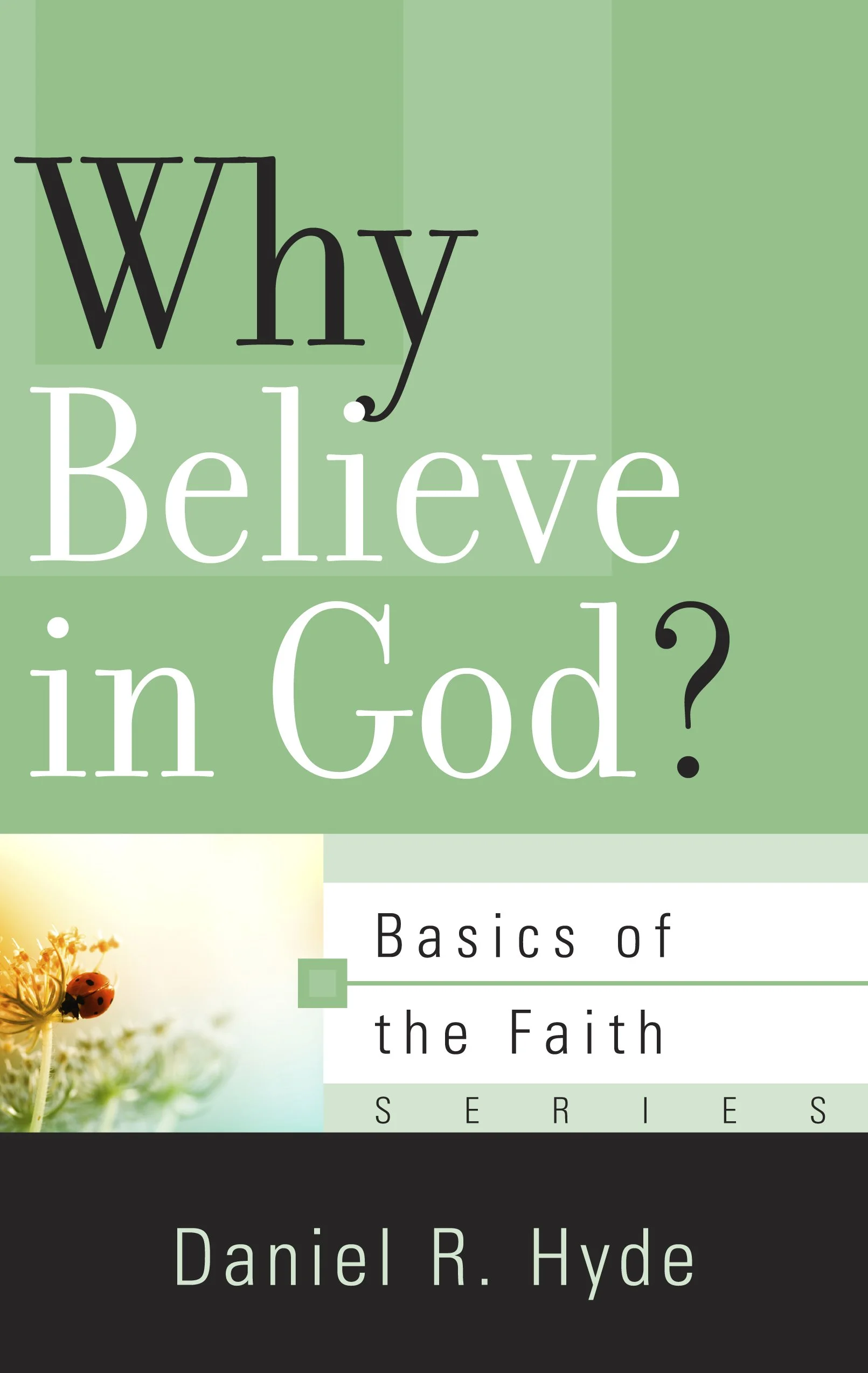 Book cover titled 'Why Believe in God? Basics of the Faith' by Daniel R. Hyde. The cover features a green background with a partial image of a flower and ladybugs in the lower left corner.