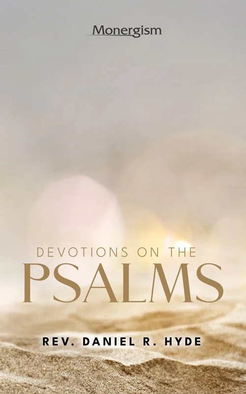 Book cover titled "Devotions on the Psalms" by Daniel R. Hyde with a blurry, sandy background and soft light
