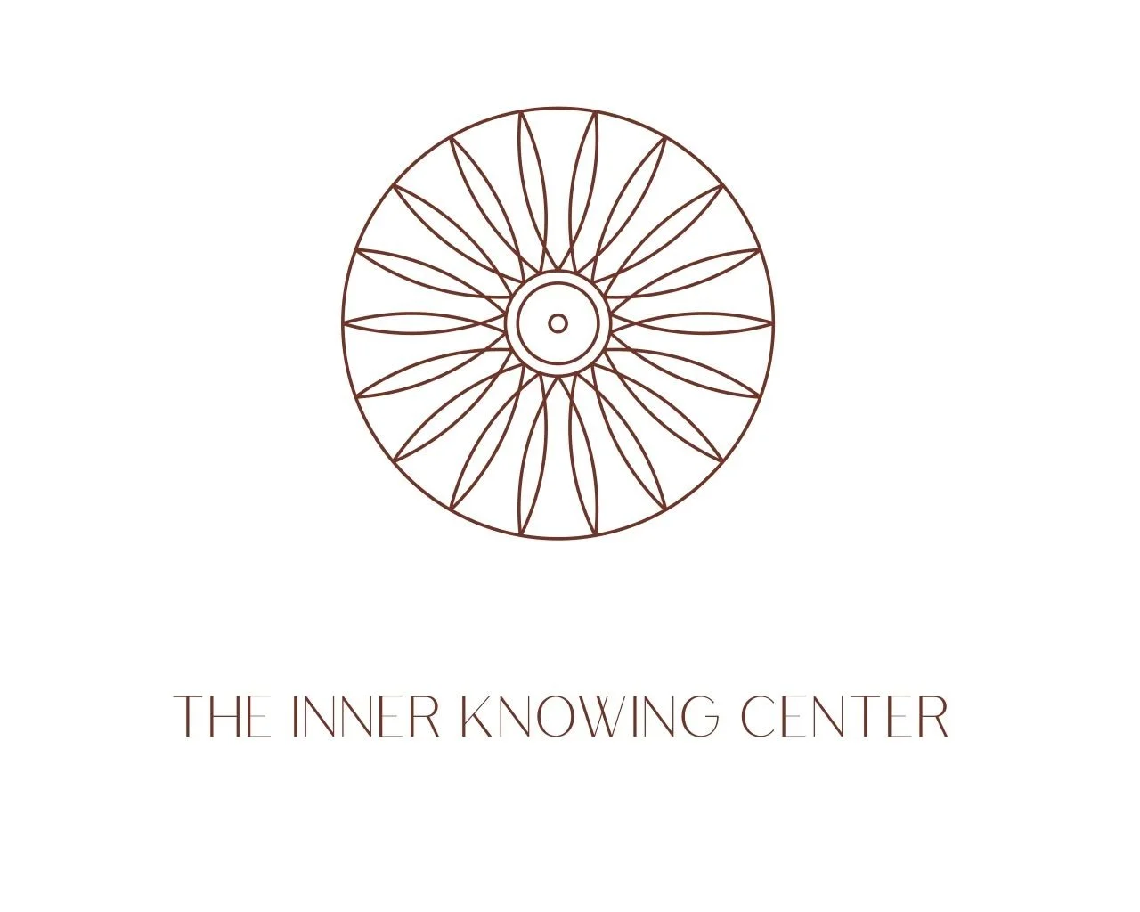 Minimalist logo with a circular geometric design resembling a flower or sun, with the title 'The Inner Knowing Center' below it.