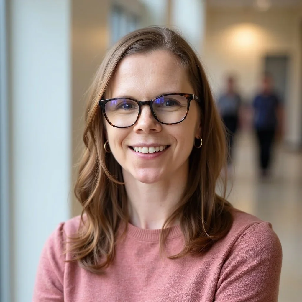 Jackie Bailey LPC-R. A woman with shoulder-length brown hair, wearing glasses and a pink sweater, smiling at the camera in an indoor setting.