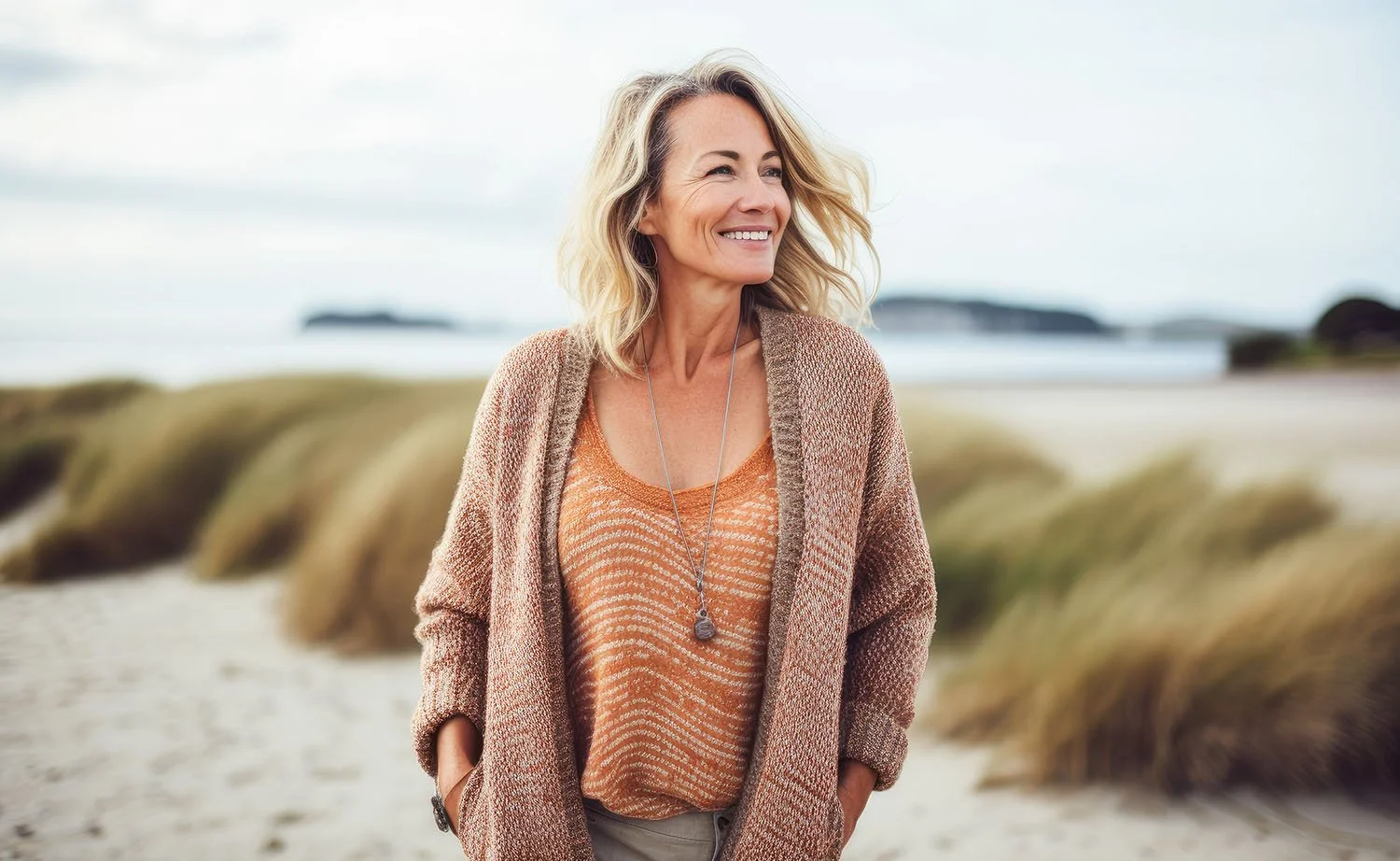 A smiling middle-aged woman who is divorced with blonde hair standing on a beach, wearing a brown cardigan over an orange striped shirt with hands in pockets, with blurred grass and ocean in the background.