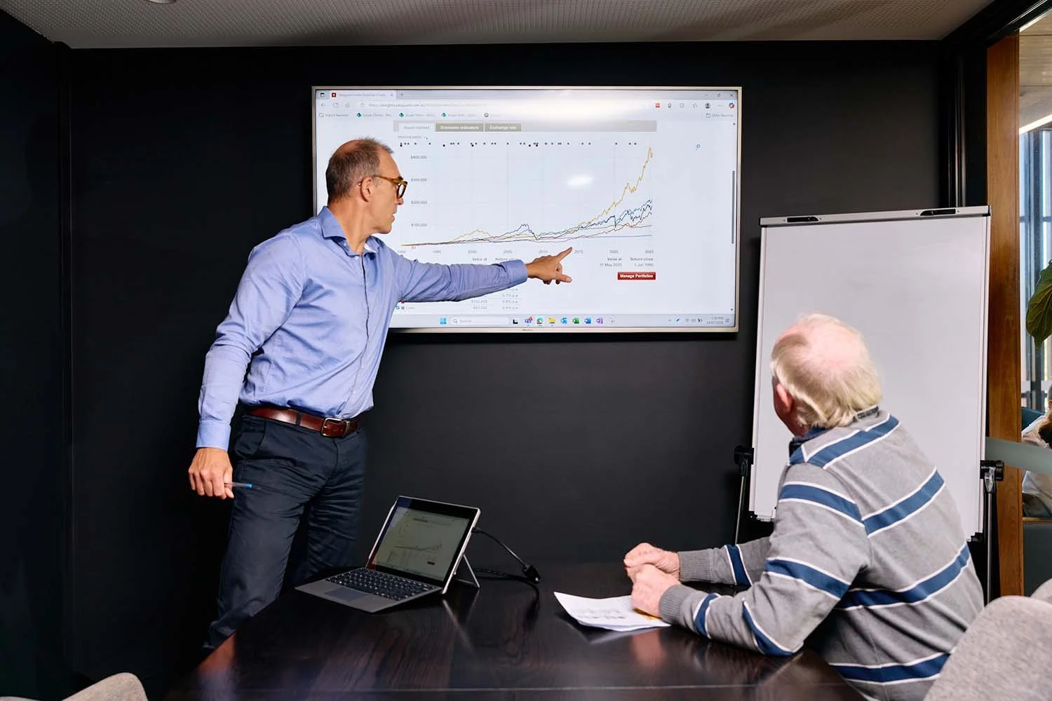 Stan Moffat in a blue shirt and glasses points to a line graph on a large screen in a conference room while an older man in a striped sweater listens. Explaining the relative momentum strategy Pathwise Wealth employs.