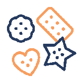 Four colorful cookies and treats: a dark blue star-shaped cookie with white speckles, an orange heart-shaped cookie, a blue round cookie with white spots, and an orange square biscuit with white sprinkles.