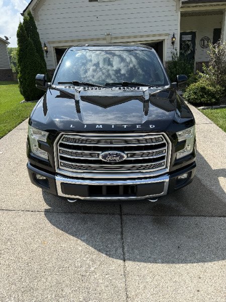 Black Ford pickup truck parked in driveway with house and greenery in background.