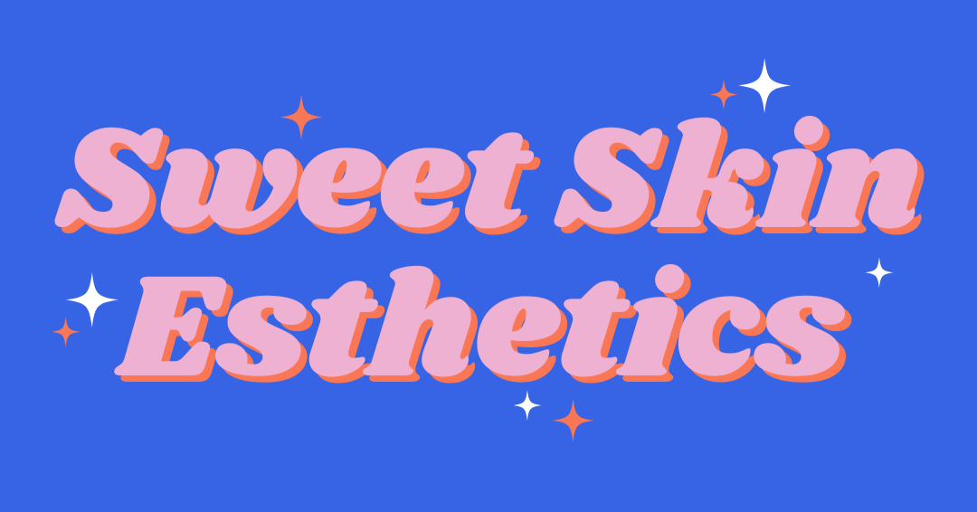 Pink text that says "Sweet Skin Esthetics" on a blue background with sparkles