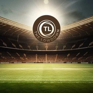 A soccer stadium with empty seats and a logo in the center reading 'TL The Low Down', with a bright sun behind it.