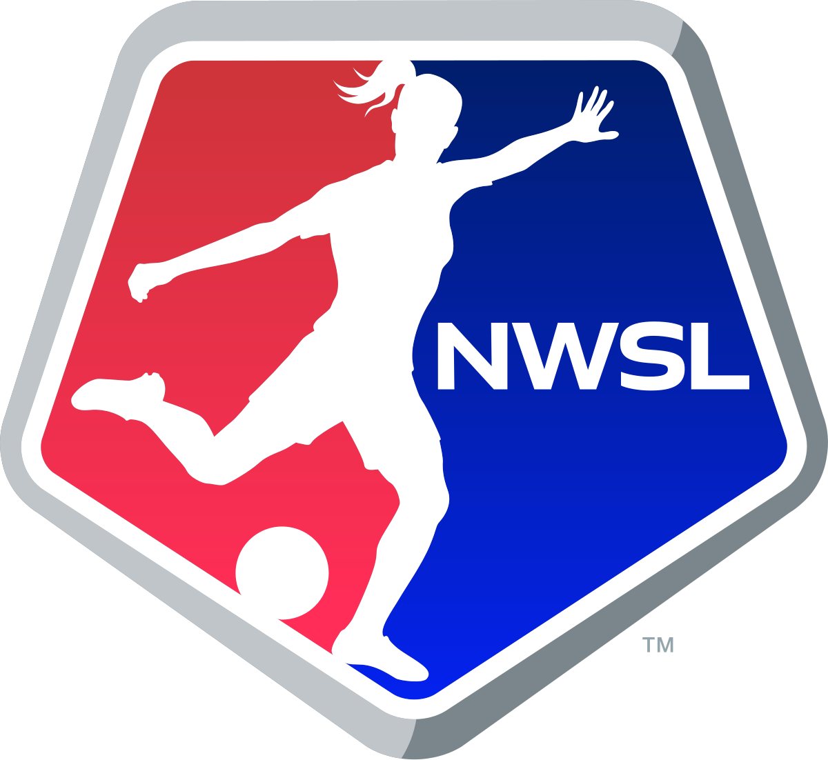 Logo of the National Women's Soccer League (NWSL) featuring a silhouette of a female soccer player kicking a ball, with red and blue backgrounds.