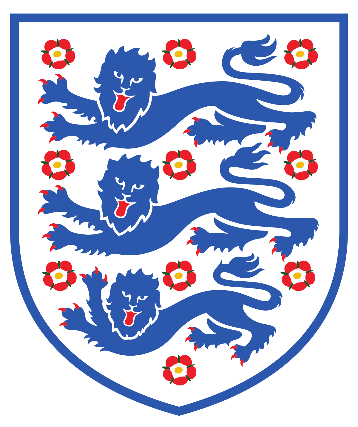 The crest of England featuring three blue lions passant guardant with open red tongues, surrounded by red and white roses.