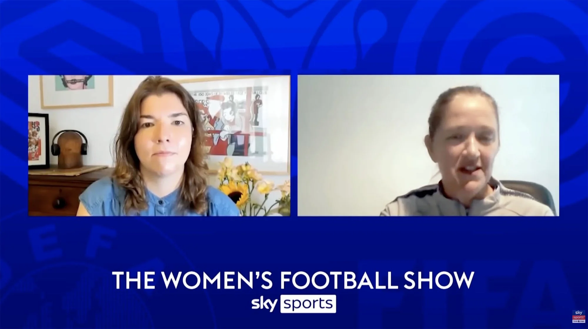 Screenshot of a video call with two women, one on the left with brown hair and the other on the right with dark hair, discussing women's football for Sky Sports, with a blue background and text that reads 'The Women's Football Show'.
