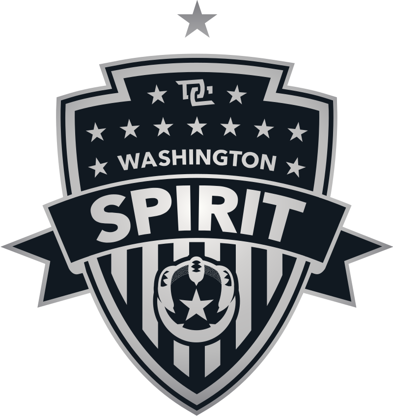 A black and white badge with a shield shape featuring stars, the text 'Washington Spirit', and an eagle emblem in the center.