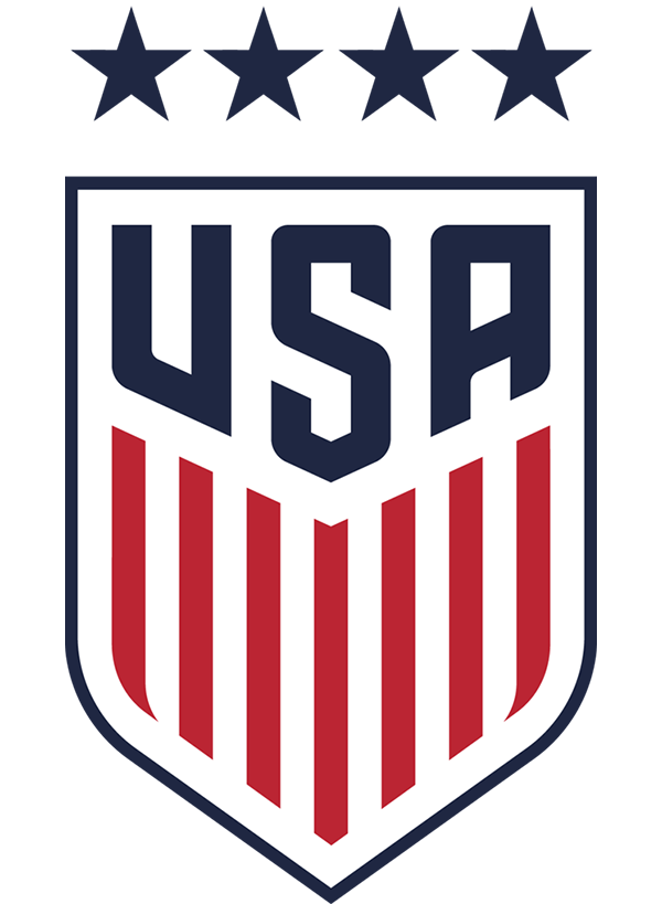 USA Soccer logo with three blue stars above a shield featuring red and white stripes.