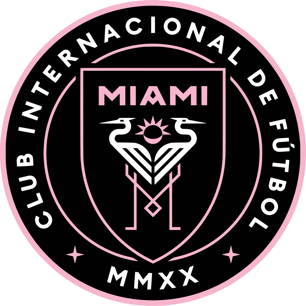 Logo for Miami FCU featuring a black shield-shaped emblem with pink outlines. The shield has the word 'MIAMI' at the top, a stylized design of two swans facing each other with a sun and wave between them in the center, and the Roman numerals 'MMXX' at the bottom. A surrounding pink circle contains the inscription in Spanish, 'CLUB INTERNACIONAL DE FUTBOL O,' with two small stars at the bottom.