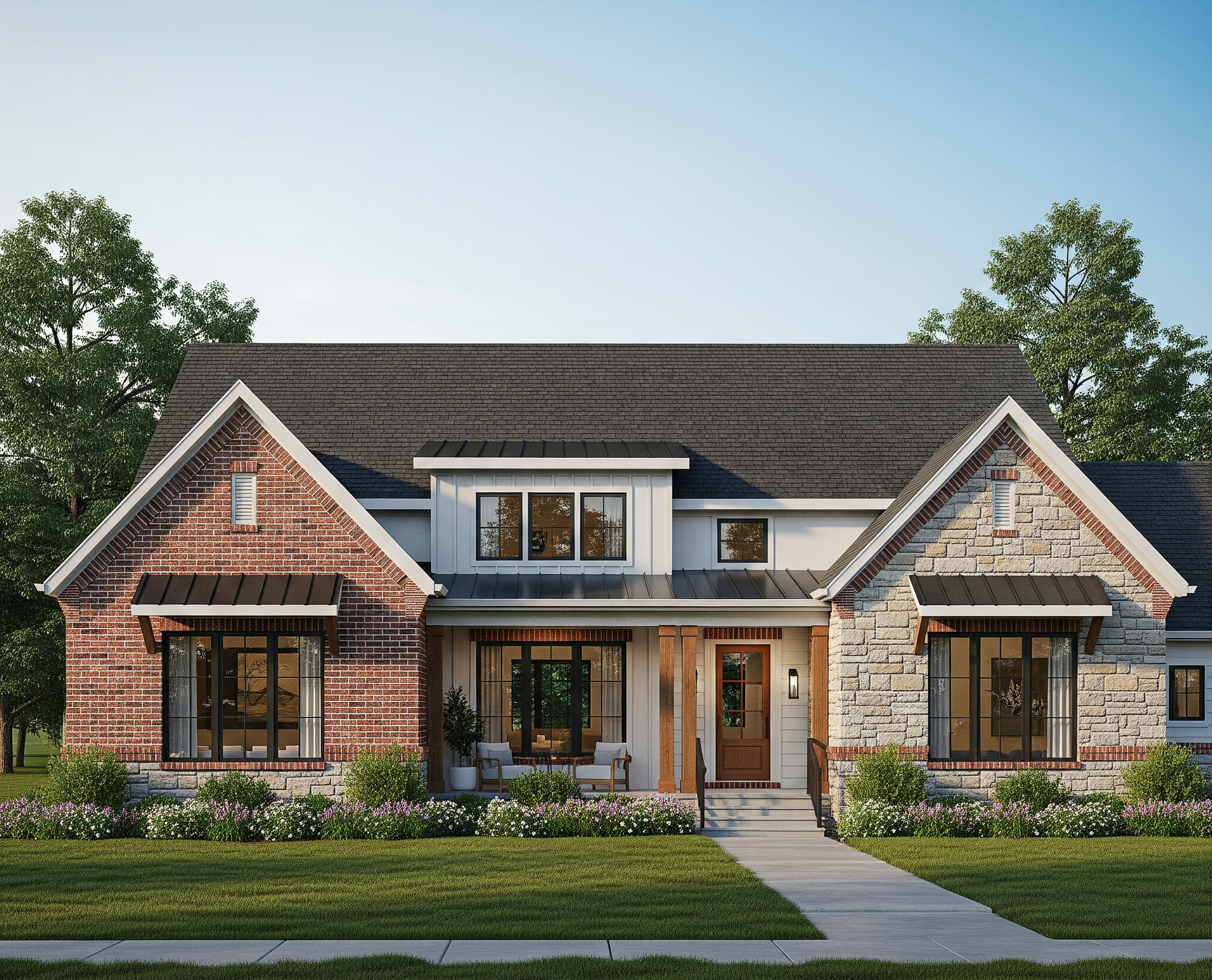 Modern Farmhouse with gable end brick, white siding, and stone exterior finsihes.