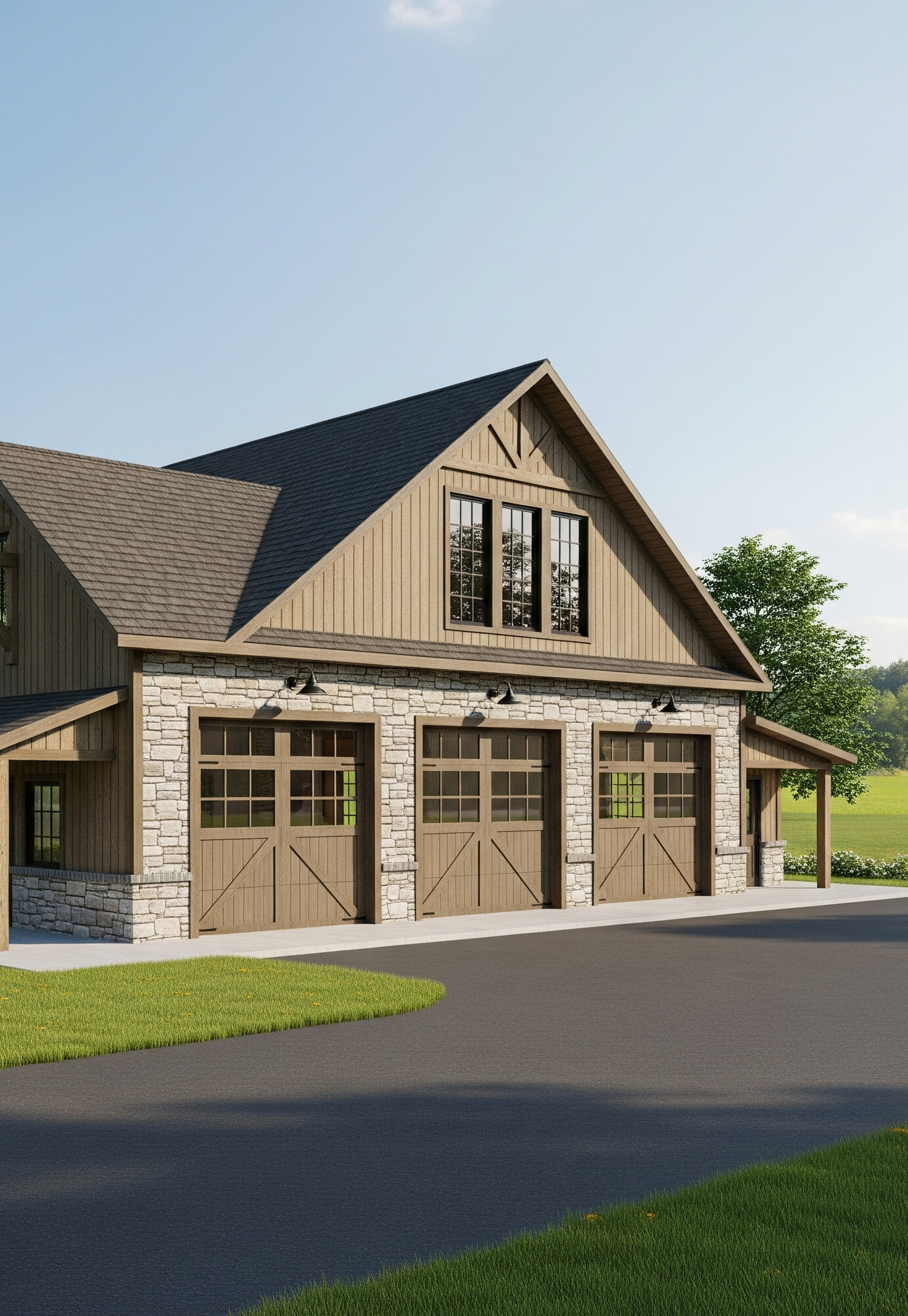 Stone exterior garage with 3 doors, second floor loft space, with siding exterior finish.